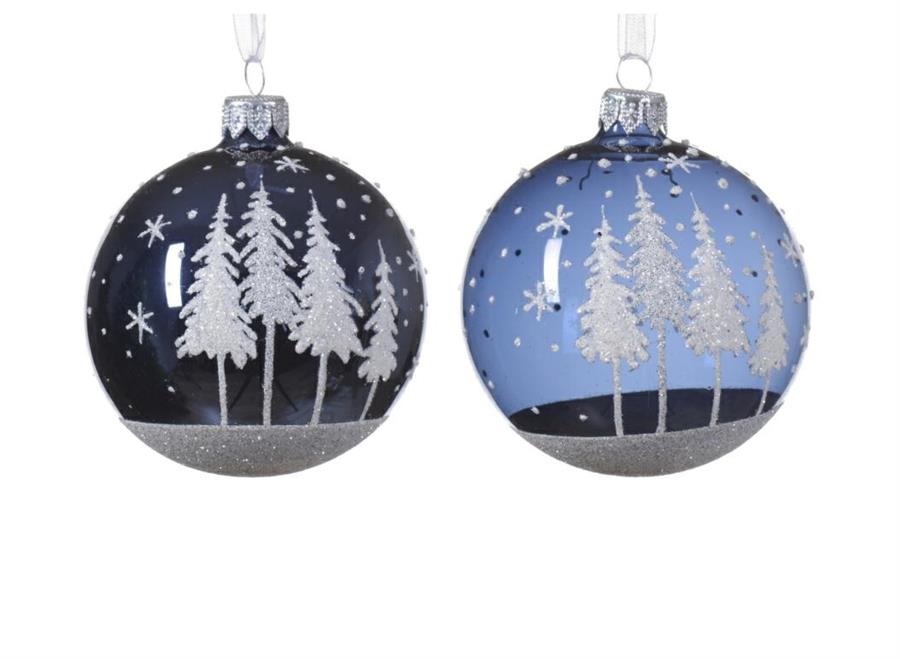 PALLINA IN VETRO C/ALBERI 2COL.ASS. NIGHT BLUE D.8CM