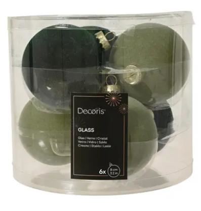 CONFEZIONE 6 PALLINE VETRO VERDE FLOCCATO 2ASS. D.8CM