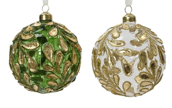 PALLINA IN VETRO C/FOGLIE DORATE GLITTER 2ASS. D.10CM
