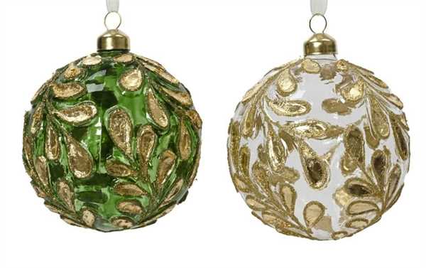 PALLINA IN VETRO C/FOGLIE DORATE GLITTER 2ASS. D.10CM