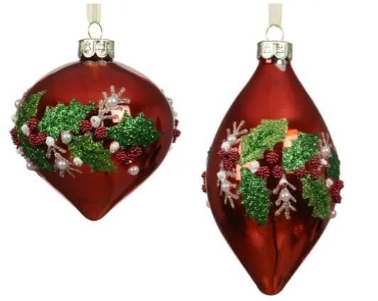PALLINA IN VETRO ROSSA CON FOGLIE GLITTER 2ASS. D.8CM