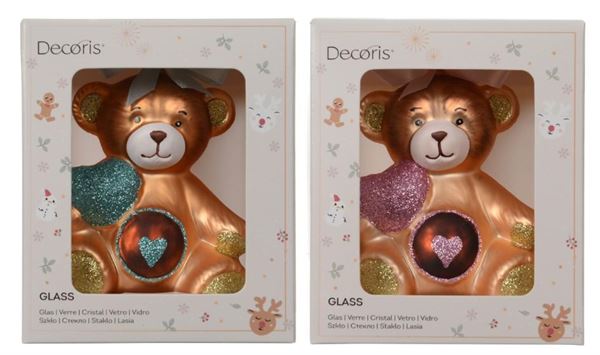 DECORO PER ALBERO VETRO ORSO C/CUORE 2ASS. 8X5.5XH.10.5CM
