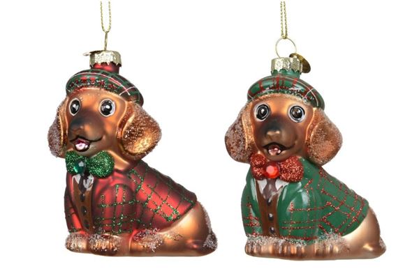 DECORO PER ALBERO VETRO CANE C/GIACCA 2ASS. 8X4.5XH.8CM