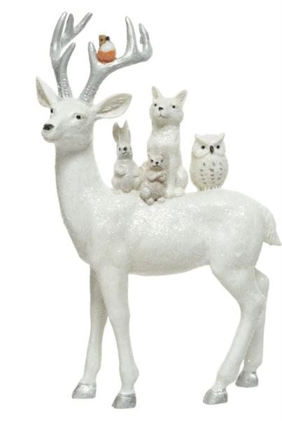 CERVO IN POLIRESINA C/ANIMALI GLITTER BIANCO 8X16XH.25.5CM