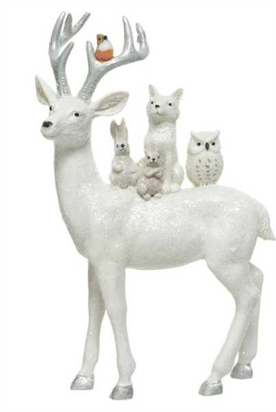 CERVO IN POLIRESINA C/ANIMALI GLITTER BIANCO 8X16XH.25.5CM