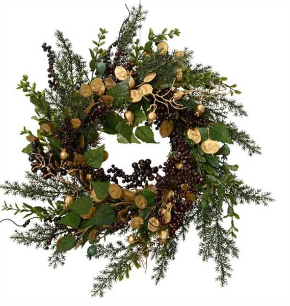 CORONA PVC C/BACCHE E FOGLIE ORO GLITTER D.40XH.11CM