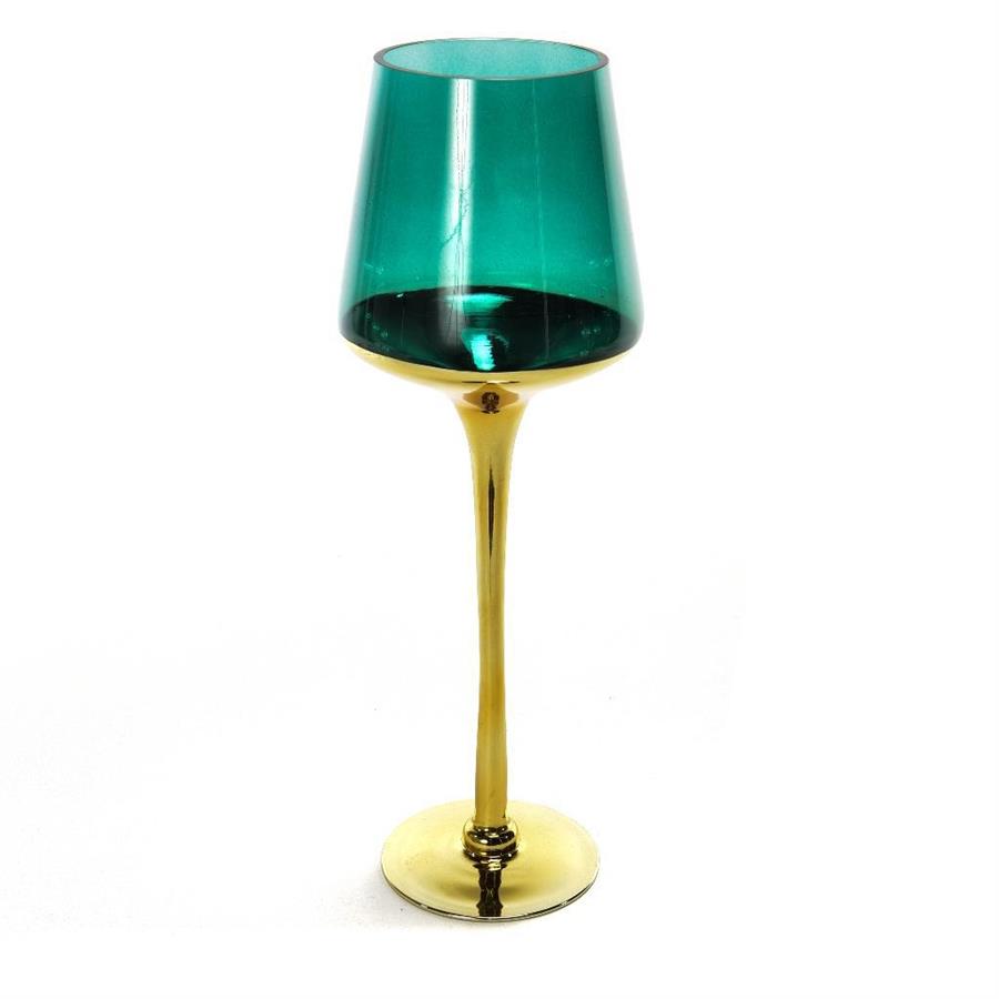 PORTACANDELA IN VETRO ALTO ORO/VERDE 14XH.40CM