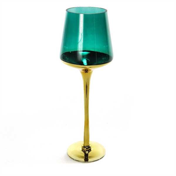 PORTACANDELA IN VETRO ALTO ORO/VERDE 14XH.40CM
