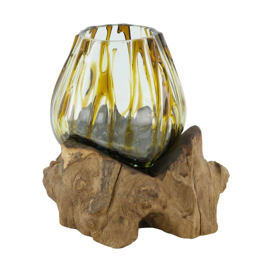 VASO VETRO IN RADICE TEAK CM. 18x16x14