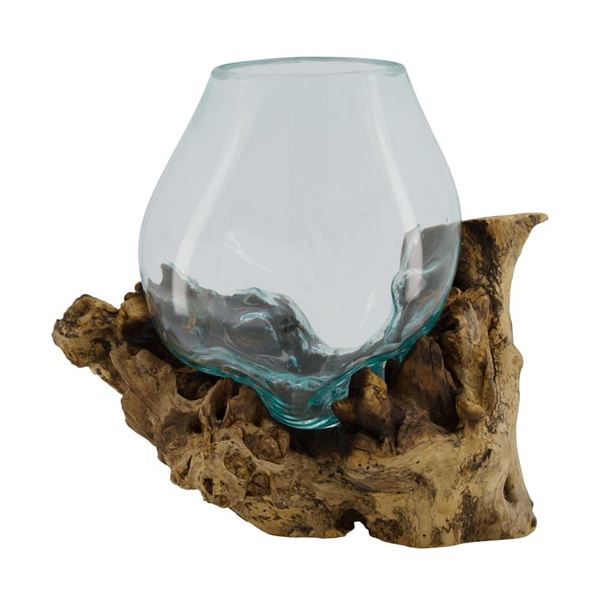 VASO VETRO IN RADICE TEAK CM. 28x22x26