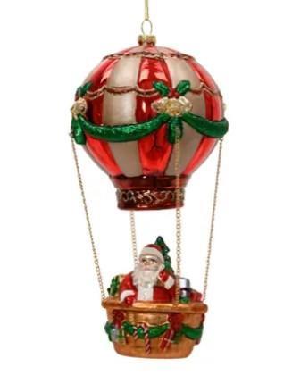 DECORO PER ALBERO VETRO MONGOLFIERA/SANTA D.10.4XH.24CM
