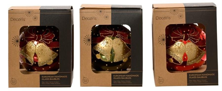 PALLINA DI NATALE IN VETRO C/CAMPANELLE 3ASS. D.10CM