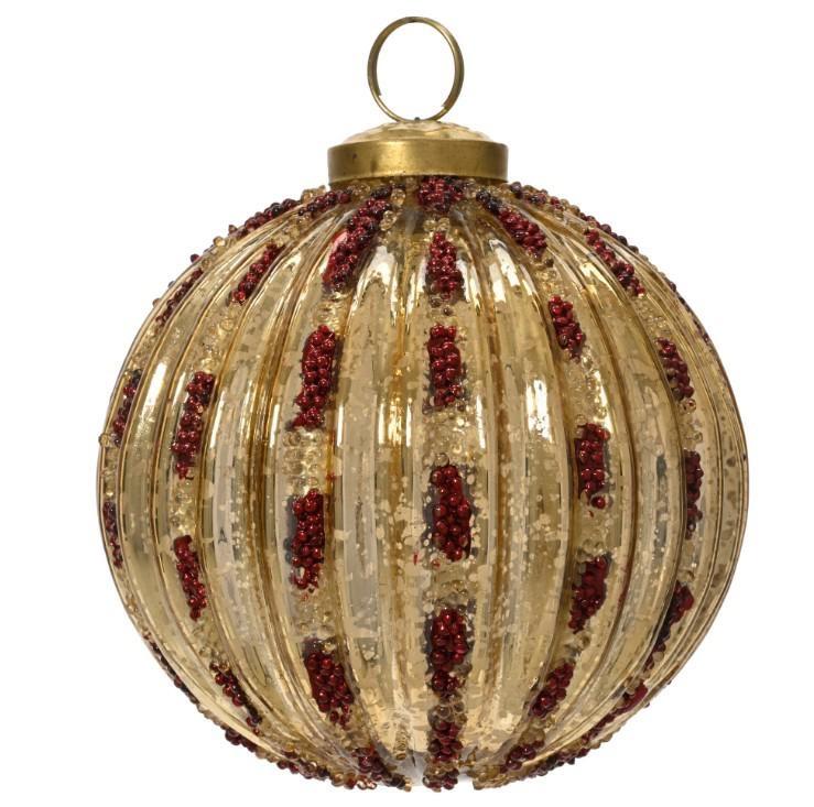 PALLINA VETRO ORO C/PERLINE ROSSE D.10CM