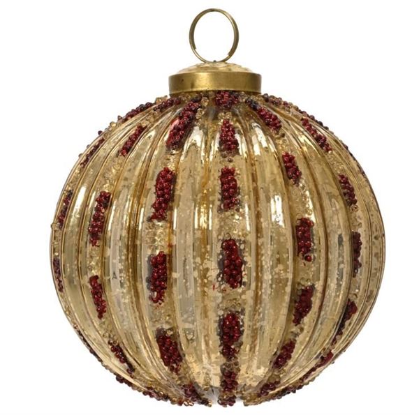 PALLINA VETRO ORO C/PERLINE ROSSE D.10CM
