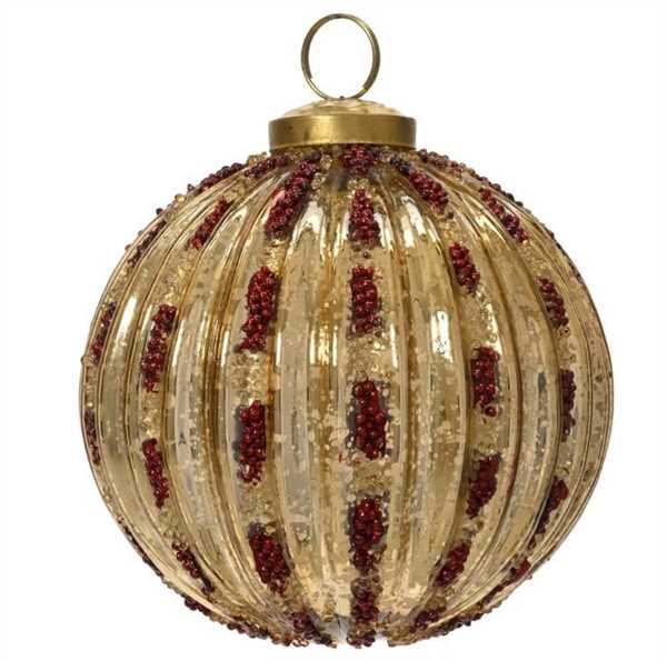 PALLINA VETRO ORO C/PERLINE ROSSE D.10CM