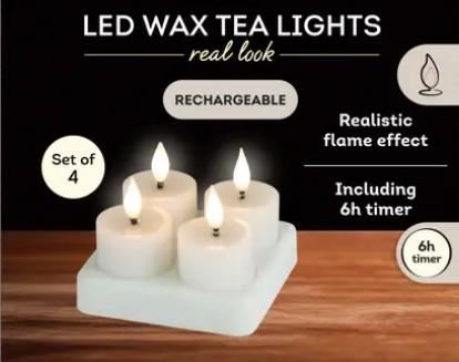 SET 4 CANDELE LED CERA D.4XH.6CM CON BASE RICARICABILE