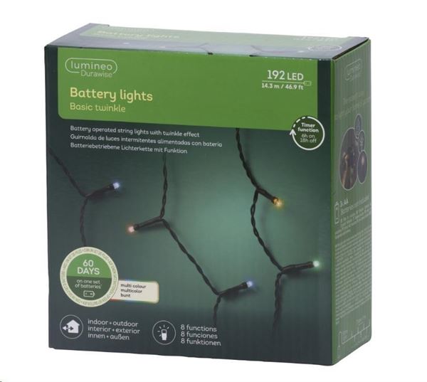 LUCI A BATTERIA 192LED MULTICOLOR 14.3MT FILO NERO 8FUNZ.