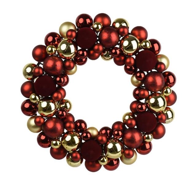 CORONA DI PALLINE IN POLISTIRENE OXBLOOD/GOLD D.43.5XH.10CM