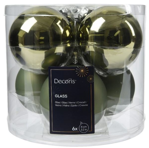 BOX 6 PALLINE NATALE VETRO MIX D.8CM ROSEMARY GREEN