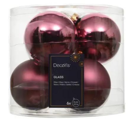 BOX 6 PALLINE NATALE VETRO MIX D.8CM DARK ROSE