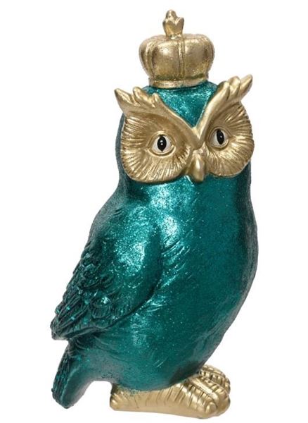 GUFO IN POLIRESINA CON GLITTER ORO/VERDE 11.8X10 X H.22.6CM